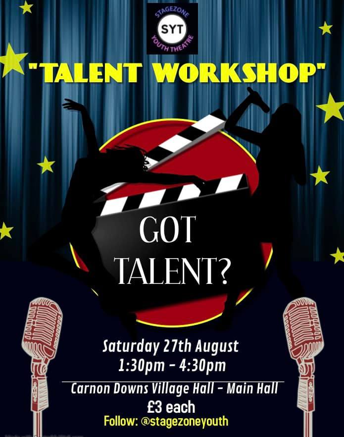 Stagezone Youth Theatre Talent Workshop Poster 27 August at Carnon Downs