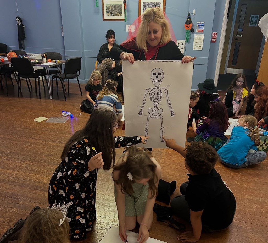 Halloween skeleton name the bones game at Stagezone Youth Theatre