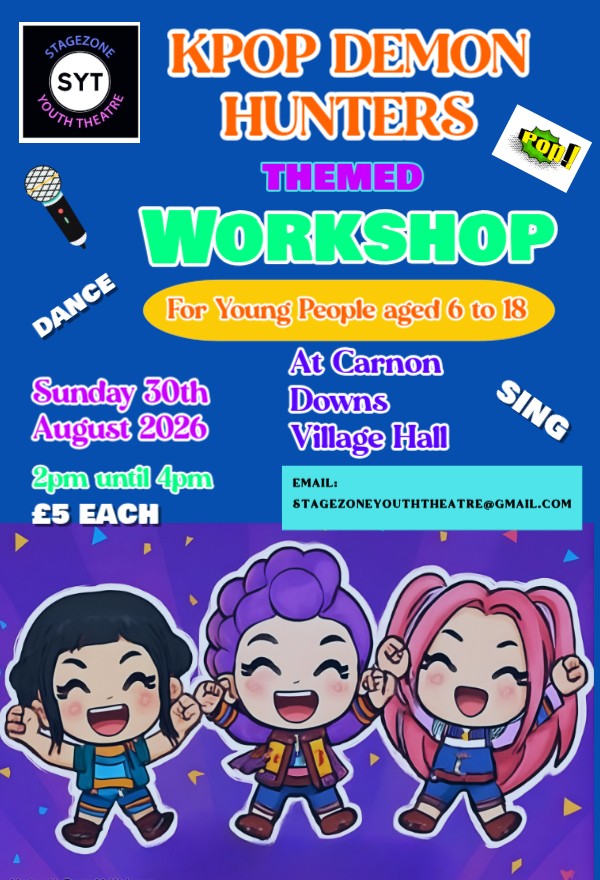 KPOP Demon Hunters Themed Workshop at Stagezone Youth Theatre on Sunday 30th August 2026 at Carnon Downs Village Hall from 2pm until 4pm, for young people aged 6-18. £5 per child.